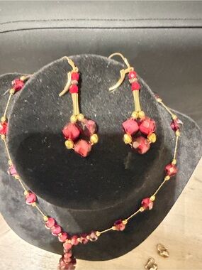 Gold-Tone Red Crystal Cluster Drop Earrings — Elegant Red Beaded Design